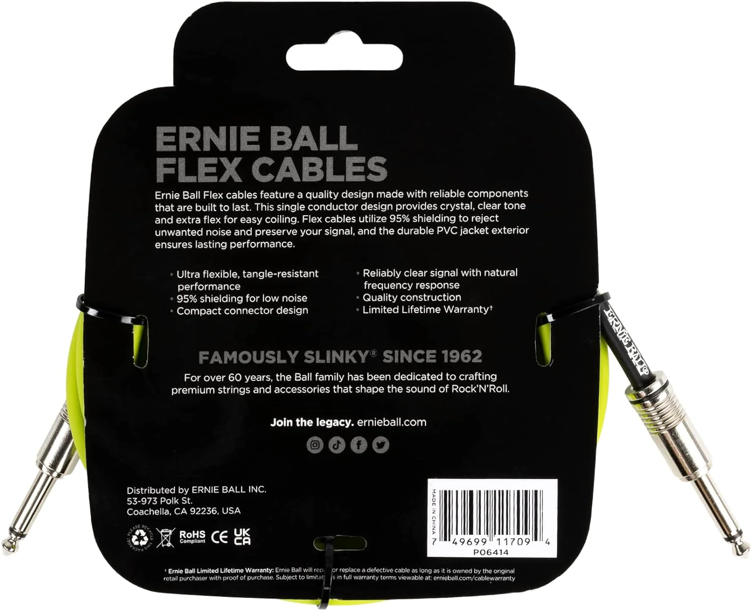 Ernie Ball Flex Instrument Cable; 10ft Green - Image 2