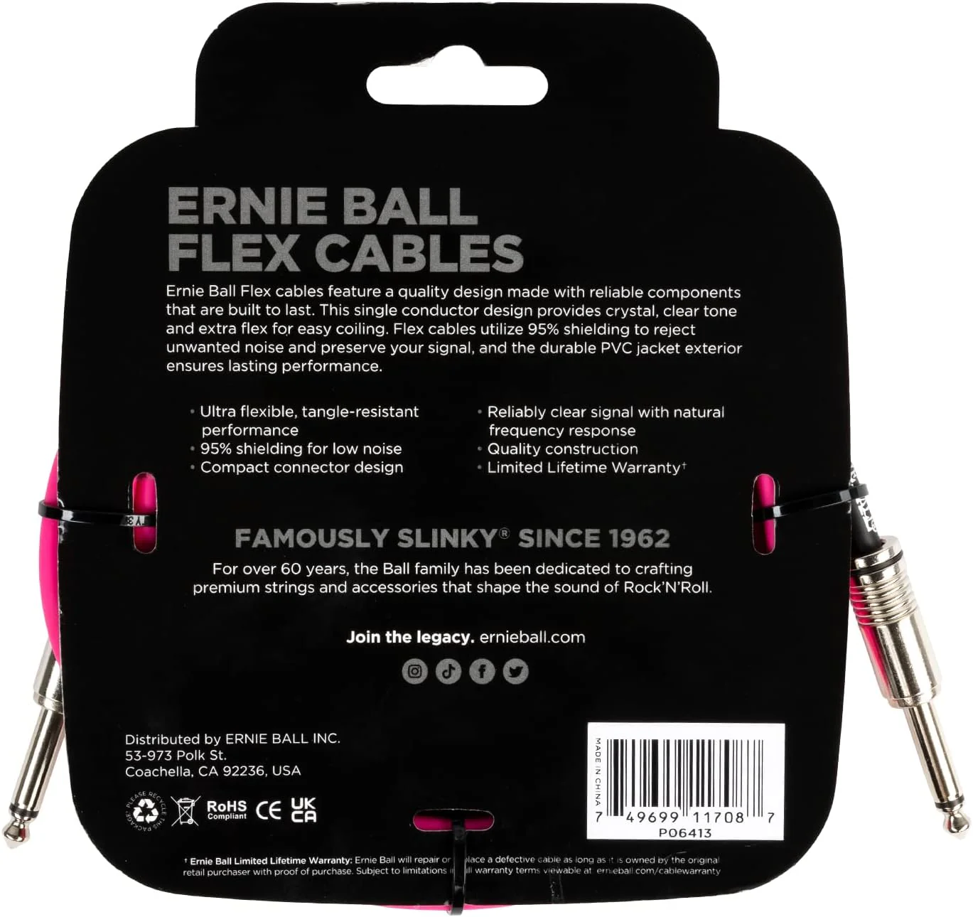 Ernie Ball Flex Instrument Cable; 10ft Pink - Image 2