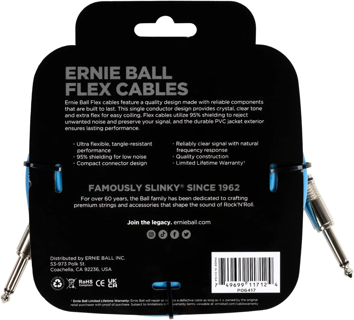 Ernie Ball Flex Instrument Cable; 20ft Blue - Image 2