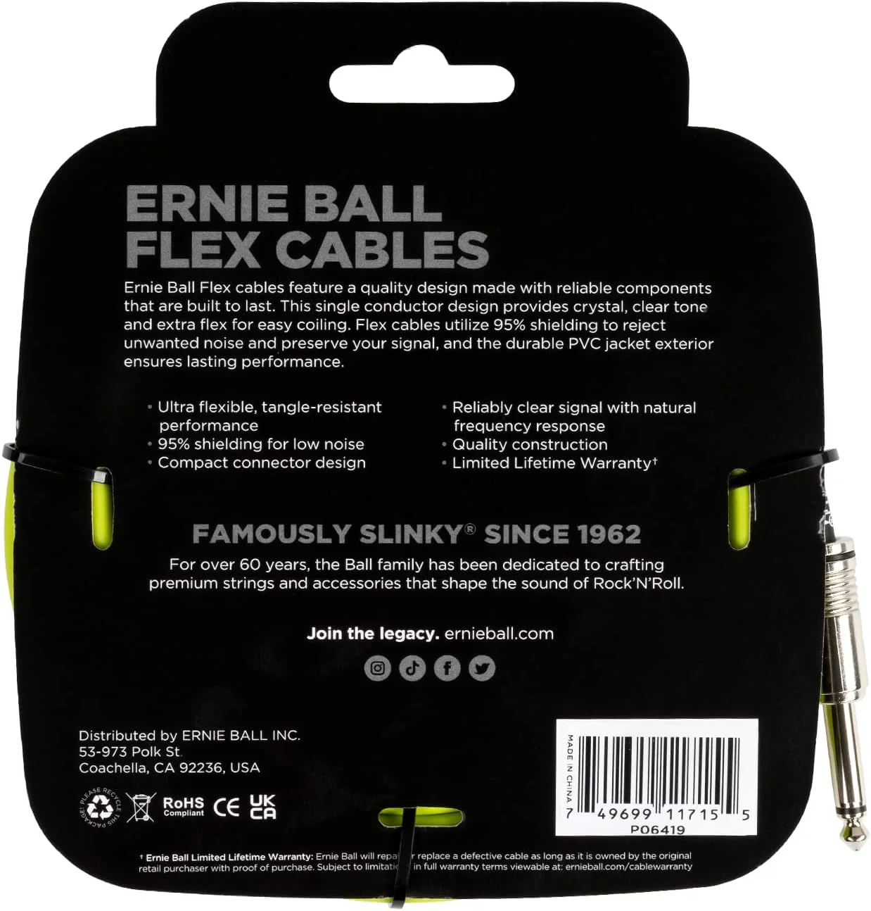 Ernie Ball Flex Instrument Cable; 20ft Green - Image 2
