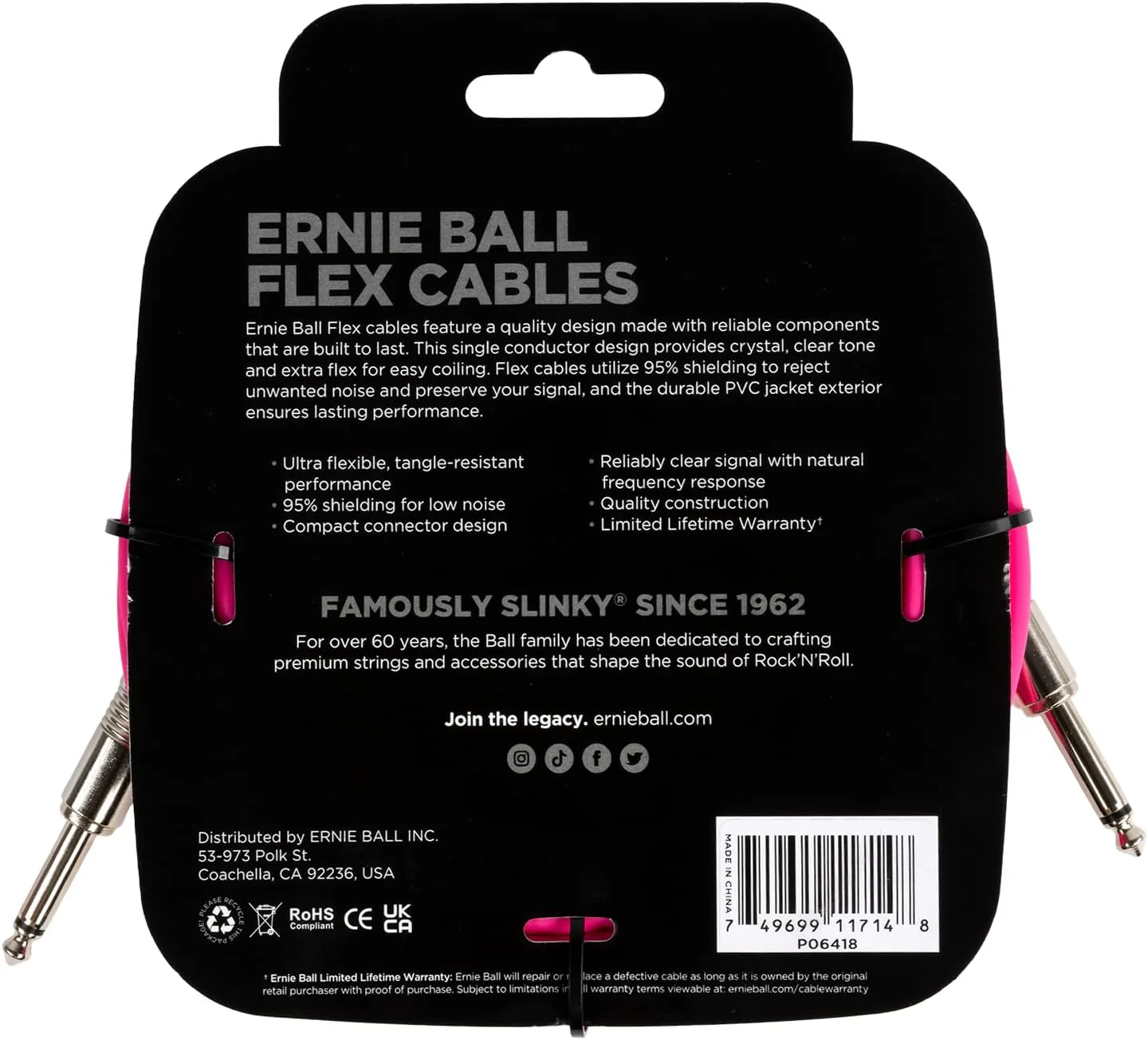 Ernie Ball Flex Instrument Cable; 20ft Pink - Image 2