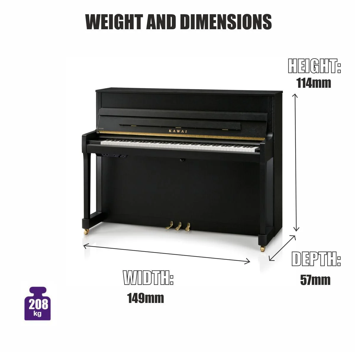 Kawai E200 Studio Upright Piano; Satin Black - Image 4