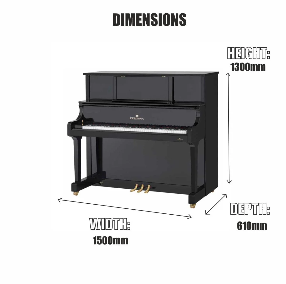 Perzina UP130 Upright Piano; Black Polished - Image 12
