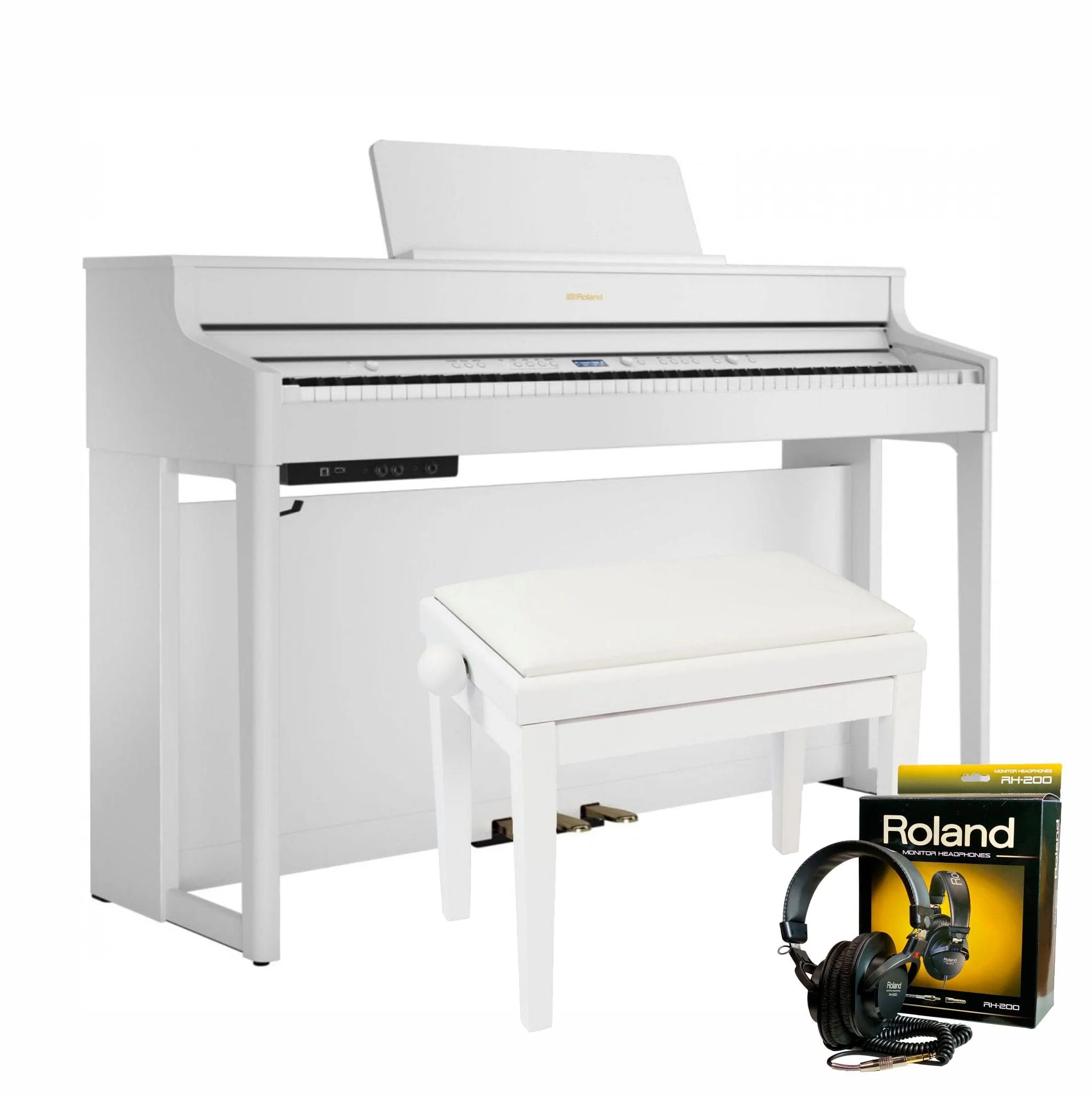Roland HP702 White with Piano Stool & Roland RH200 Headphones - Image 2