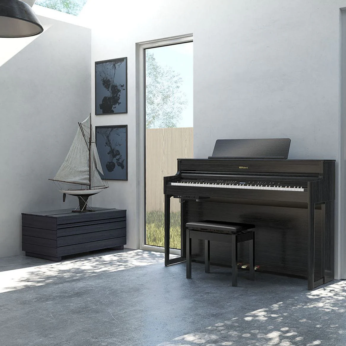 Roland HP704 Charcoal Black with Piano Stool & Roland RH200 Headphones - Image 3