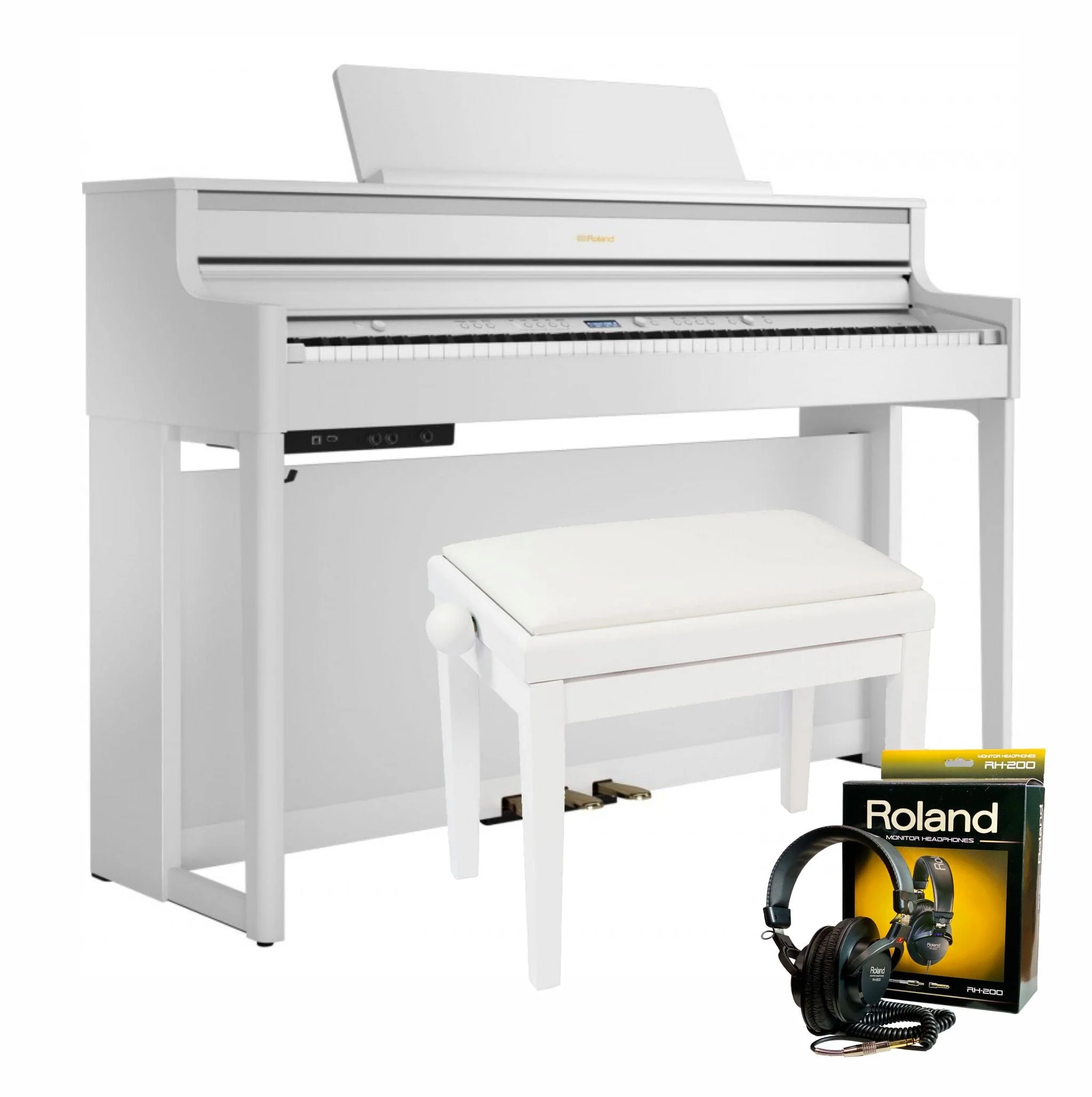 Roland HP704 White with Piano Stool & Roland RH200 Headphones - Image 2